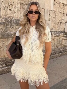 ZARA CHECKERED KNIT JACKET WITH FRINGE